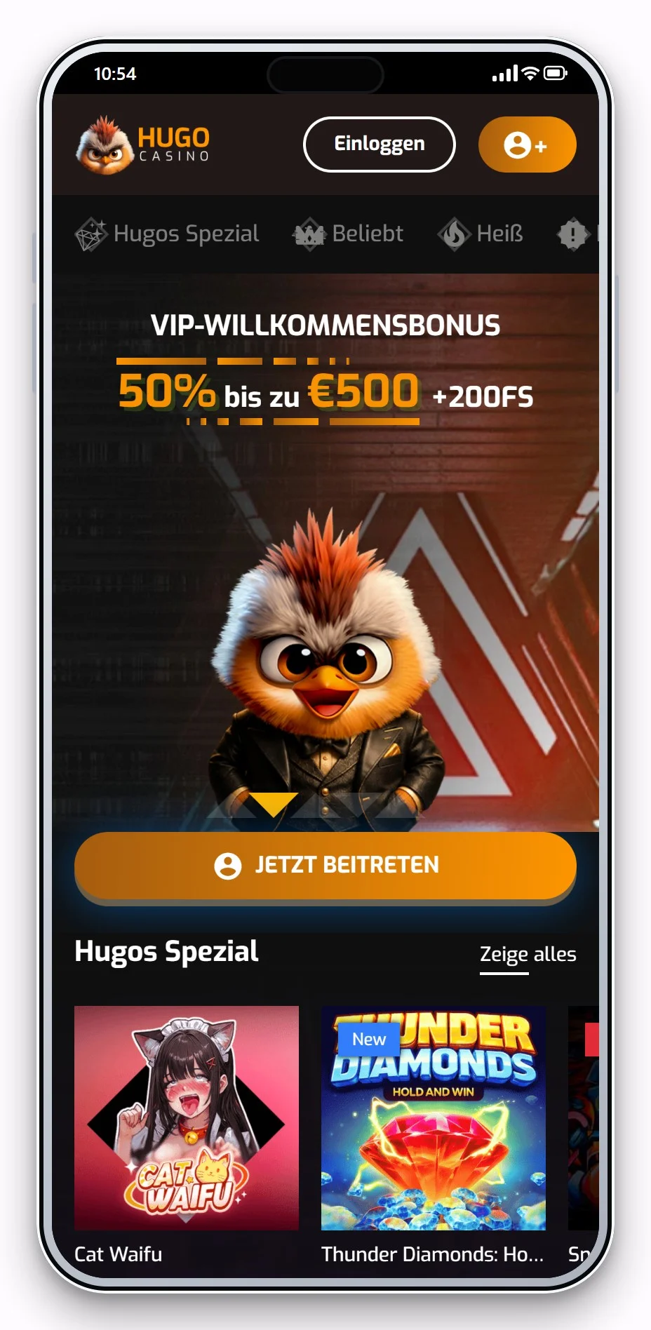 Cashlib Casino Österreich: Hugo Casino mobil, Lobby