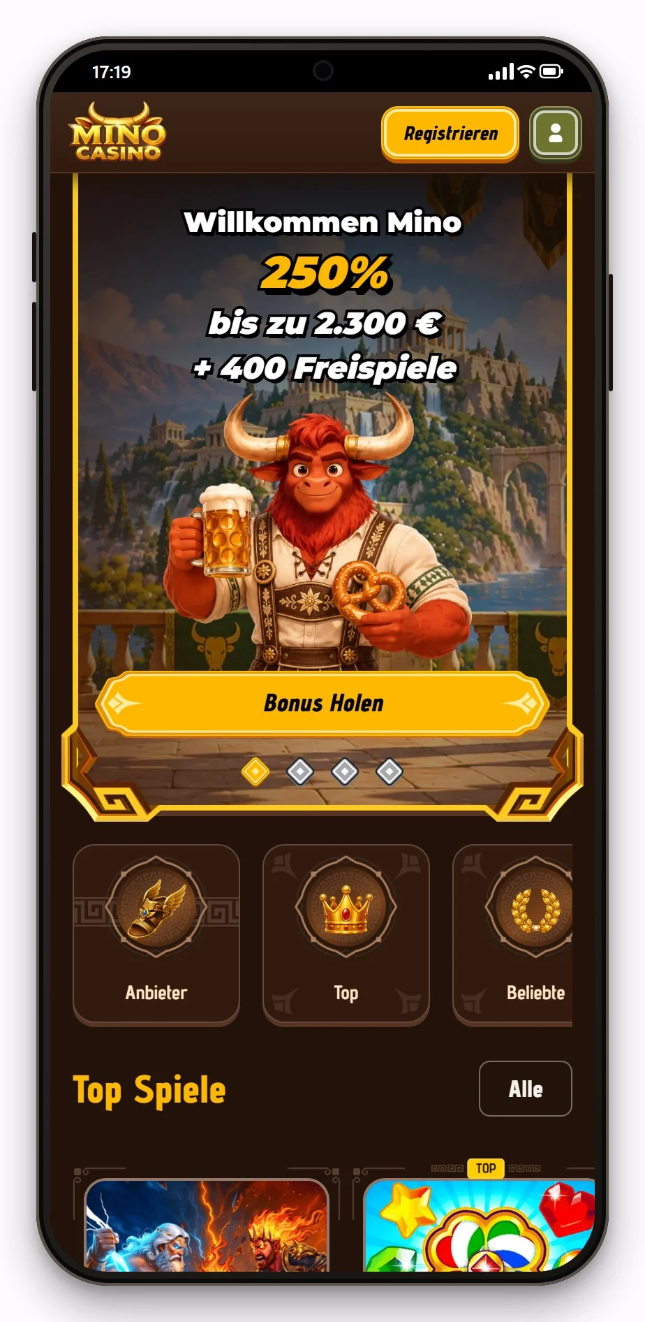 cashlib casino: Mino Casino mobil, Lobby-Ansicht