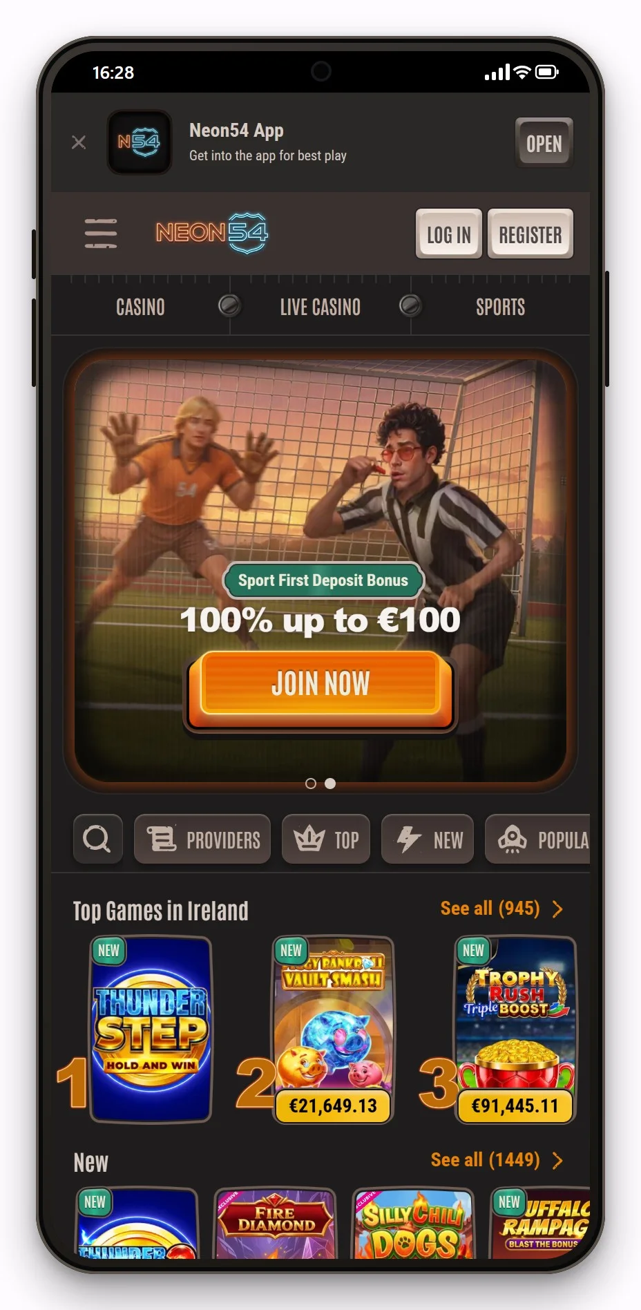 online casino cashlib: Neon54 on mobile, the lobby