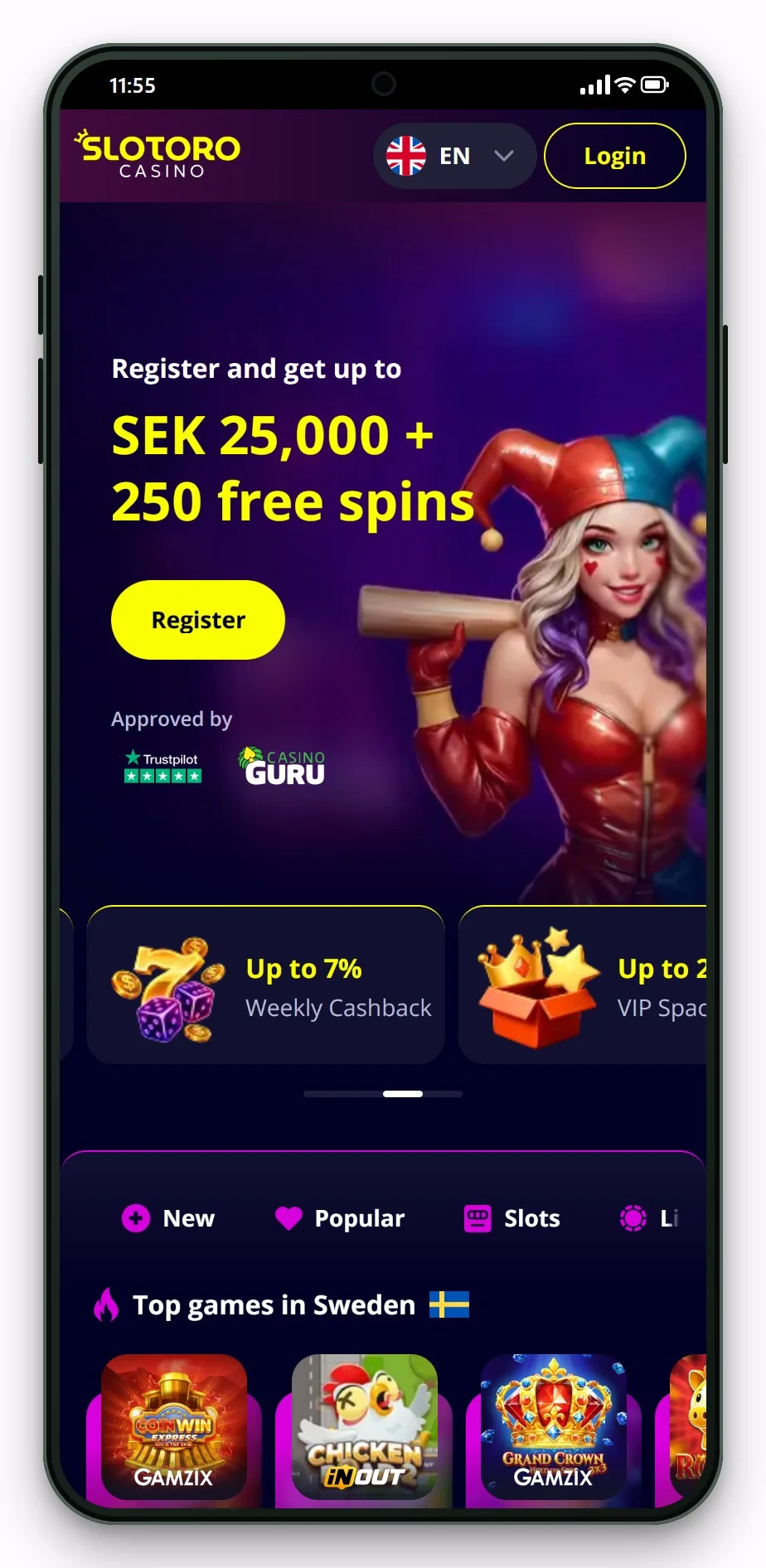 bästa cashlib casino: Slotoro i mobilen, lobbyn